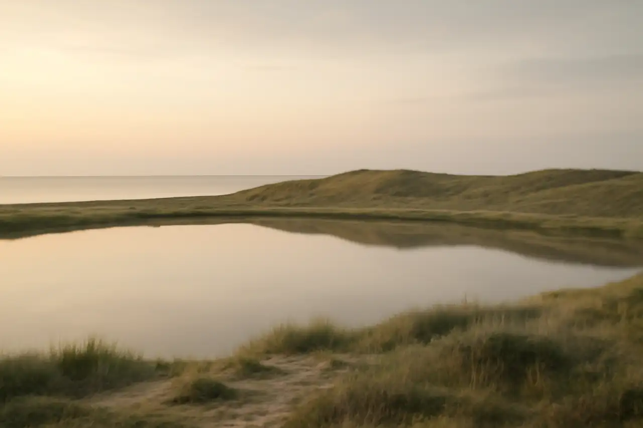 Shallow lake behind a grassy dune ridge with the sea beyond